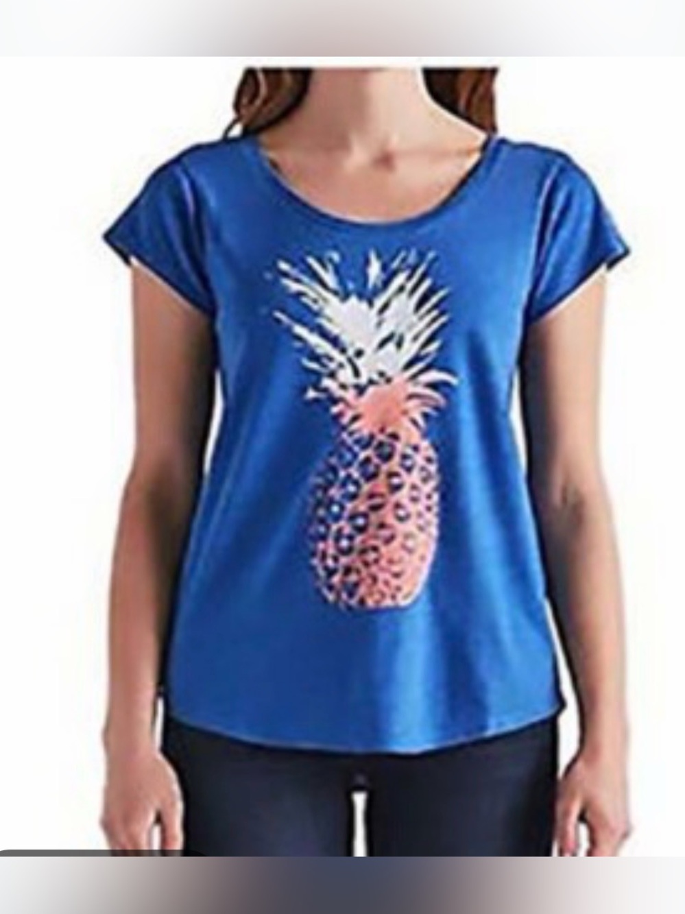 Lucky Brand Blue Pineapple Graphic Scoop Neck Women’s Top